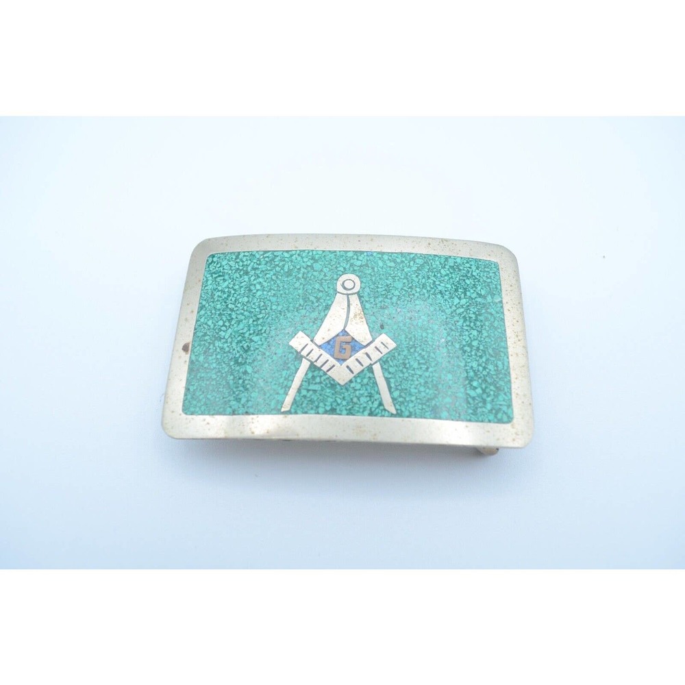 Sterling Silver Freemasons Belt Buckle With Turquoise Brass & Enamel Inlay